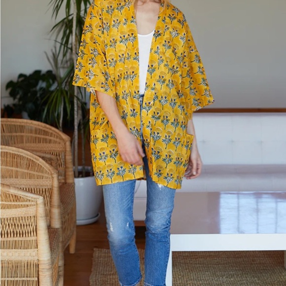Emerson Fry India Collection Marigold Kimono Organic Cotton Boho Layer Sz M/L - Picture 3 of 9